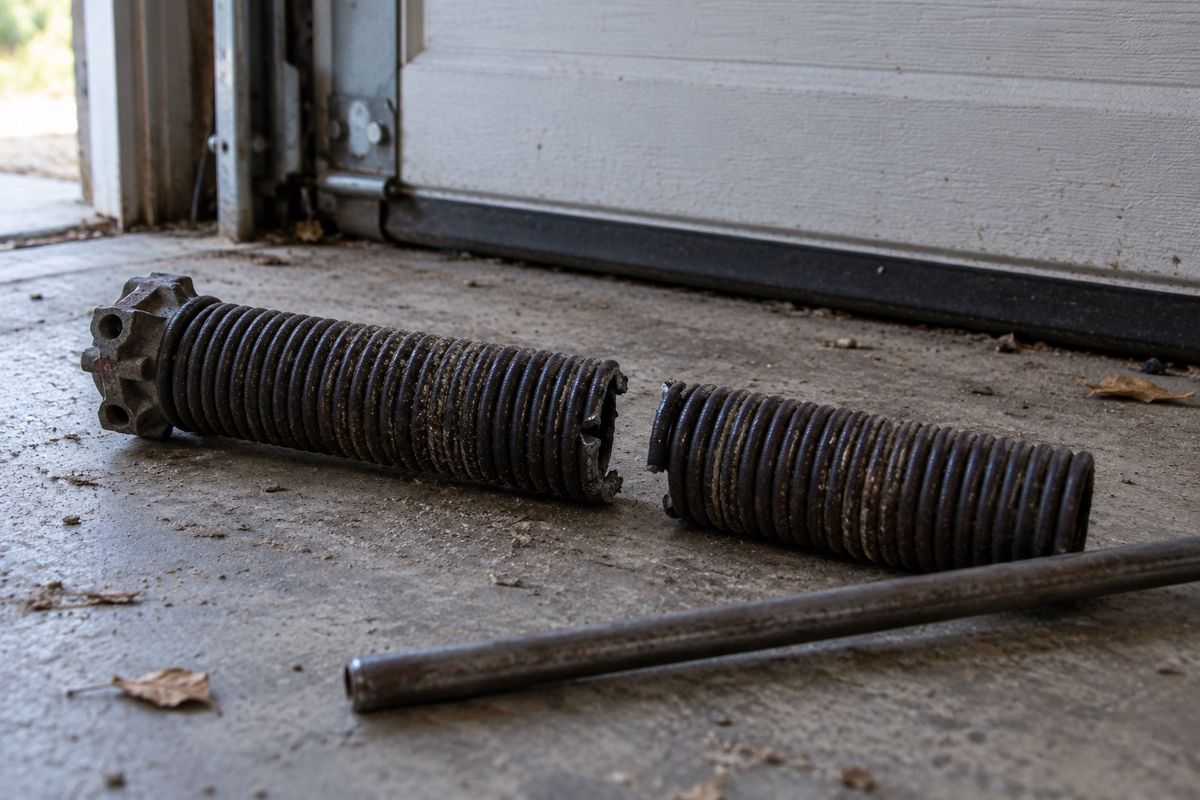 Snapped garage door spring section lying on a concrete floor