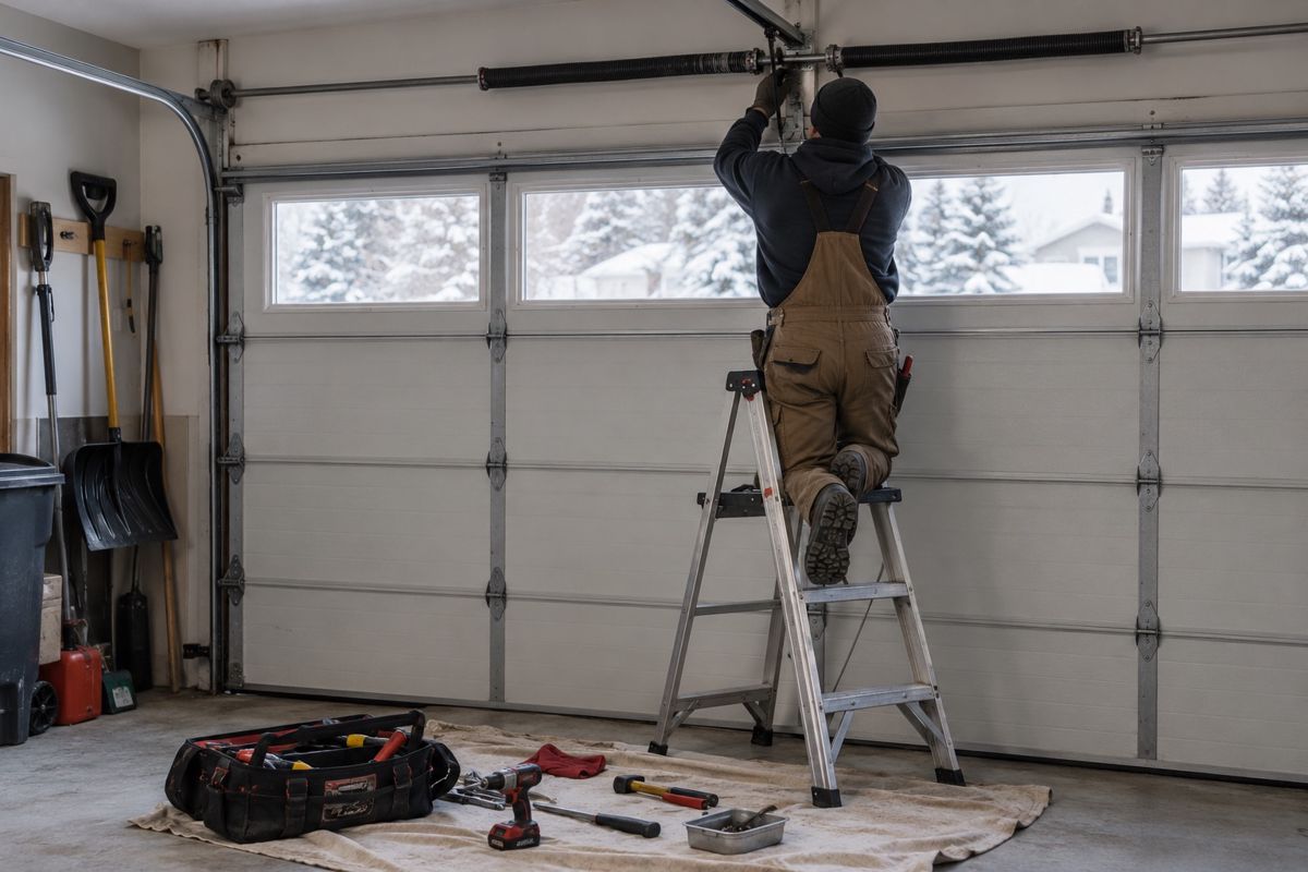 Technician working on a garage door from a step ladder