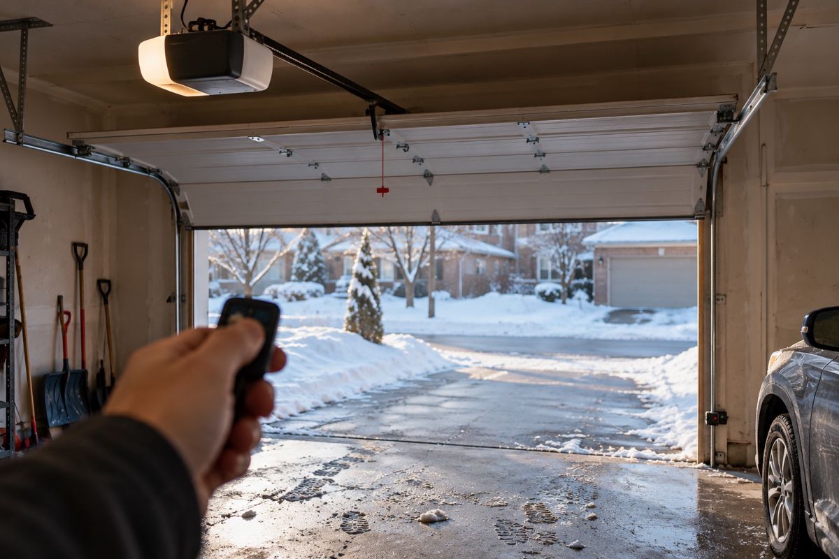 Ceiling garage door opener with a hand holding a remote
