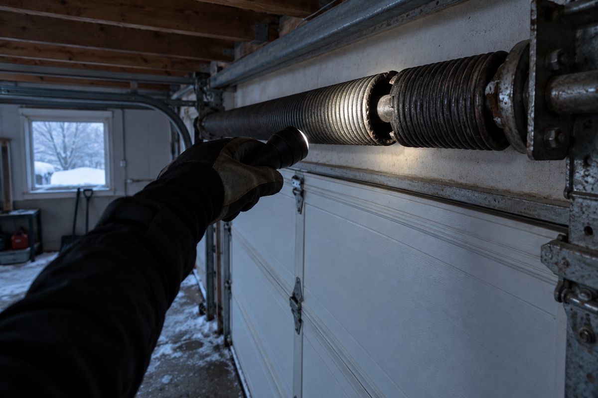 Broken torsion spring above a closed garage door, lit by flashlight