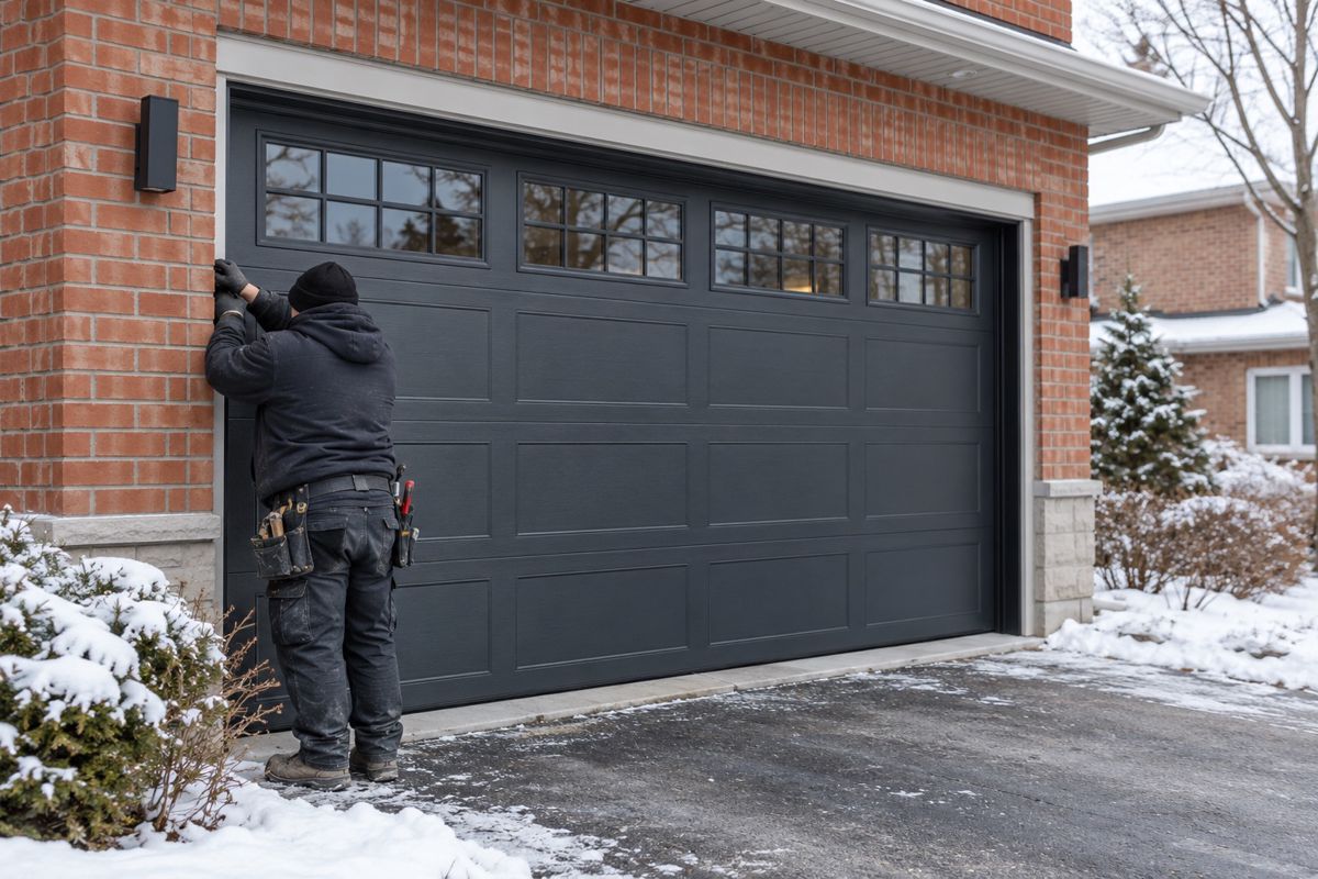 New charcoal garage door on a brick home with light snow