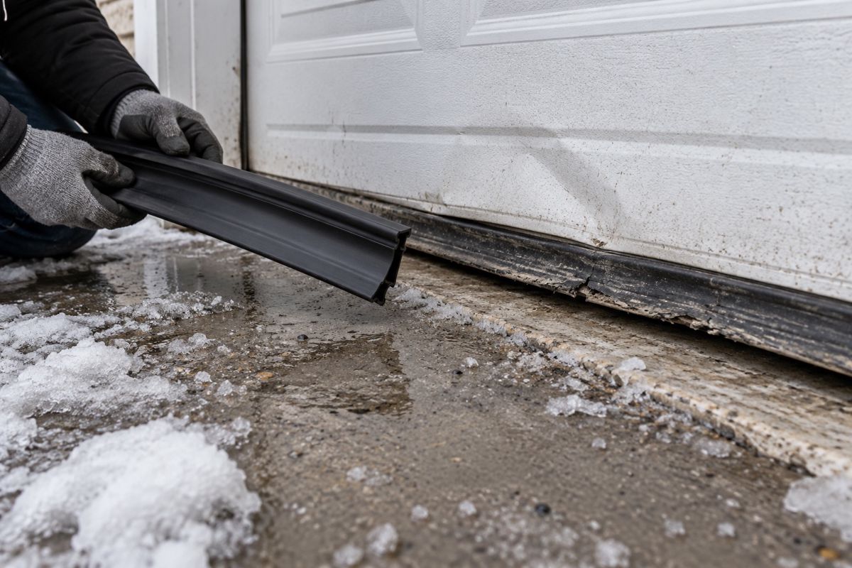 Dented bottom garage door panel with a new rubber seal strip